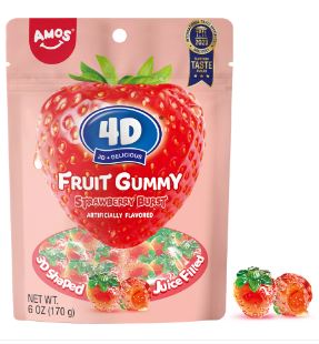 (S6-07) CHINA - Amos 4D Fruit Gummy - Strawberry Burst Sub Bag 6oz(170g) x 12 Units