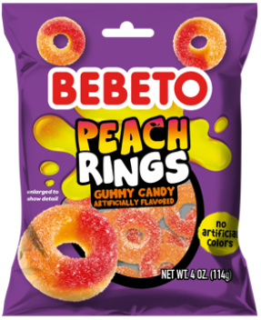 (S6-12) Bebeto - Peach Rings PEG Bag 4oz (114g) x 12 Units