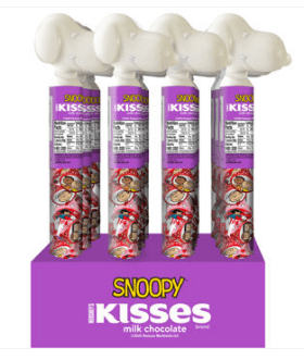 Box - Valentine - Hershey KISSES Snoopy and Friends Foils Cane Display Tray - 2.08oz (59g) x 12 Units - SugarMarket.ca
