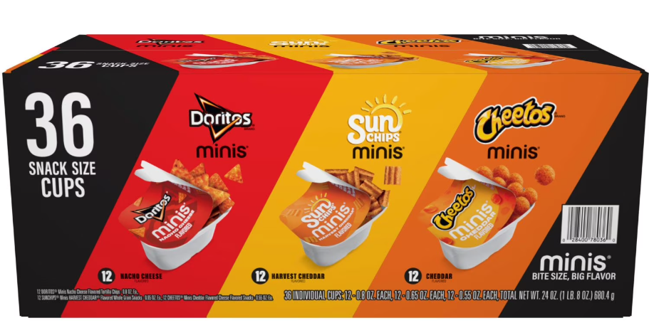 (S6-04) Frito Lay - Minis Action Cup Variety 36 Pack 24oz (680g) x 1 Unit (12 x Cheetos Minis Cheddar, 12 x Sun Chips Harvest Cheddar and 12 x Doritos Minis Nacho Cheese)