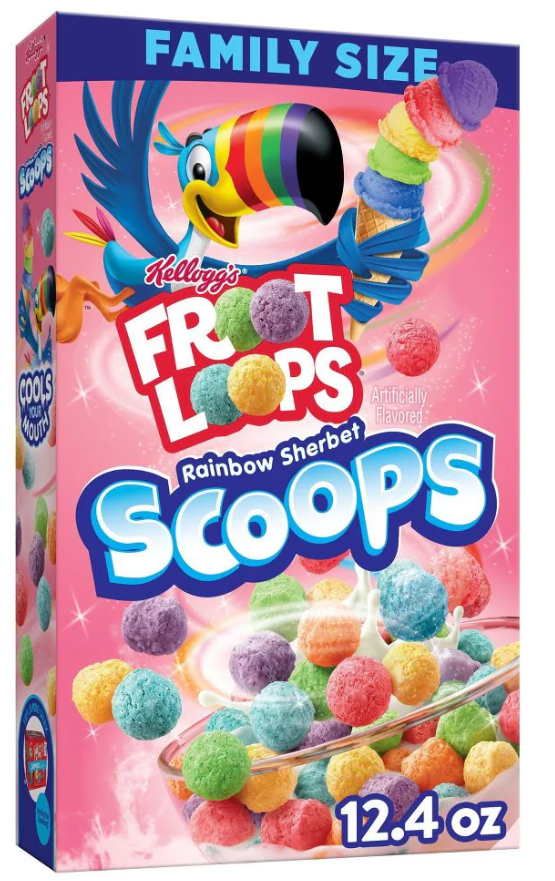 (S6-05) Cereal - Froot Loops Rainbow Sherbet Scoops Family Size12.4oz (351g) x 1 unit (Cereal Boxes with minor damage due to shipping)