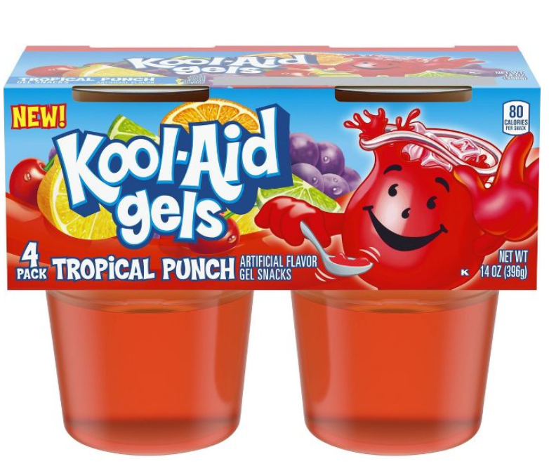 CASE - Gelatin - Kool-Aid Gels - Tropical Punch 99gx4pk x 12 unit (Packs with minor damage due to shipping)