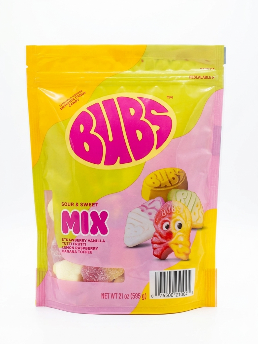 (S5-07) 01 Bag - Bubs - Variety Gummy Mix 21oz (595g) x 1 Bag ( Strawberry Vanilla,Tutti Frutti,Lemon Raspberry and Banana Toffee)