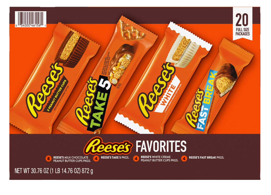 (S2-03)Box - REESES Peanut Butter Candy Variety Box (20 Pack) 30.76oz (872g) x 1 Units ( Reese Peanut Butter Cups x 8 Bars, Reese Take 5 x 4 Bars, Reese white Peanut butter cups x 4 Bars and Reese Fast Break x 4 Bars)