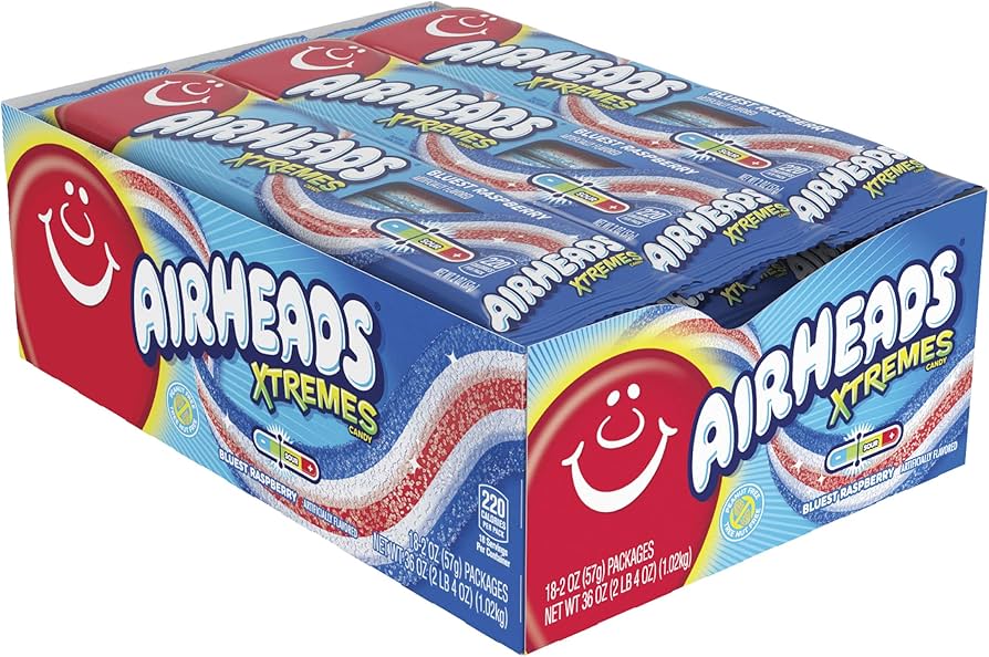 (S1 - 01) Box - Airheads Xtremes Sour Belts - Bluest Raspbry 2oz(57g) x 18 units - SugarMarket.ca