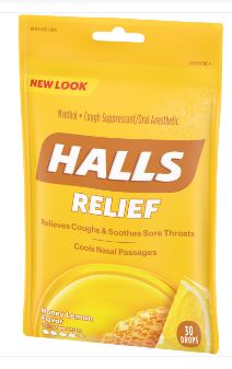 (S1 - 06) Box - CANADA - HALLS BAGS - RELIEF HONEY LEMON COUGH DROPS (30PCS) X 12 Units - SugarMarket.ca
