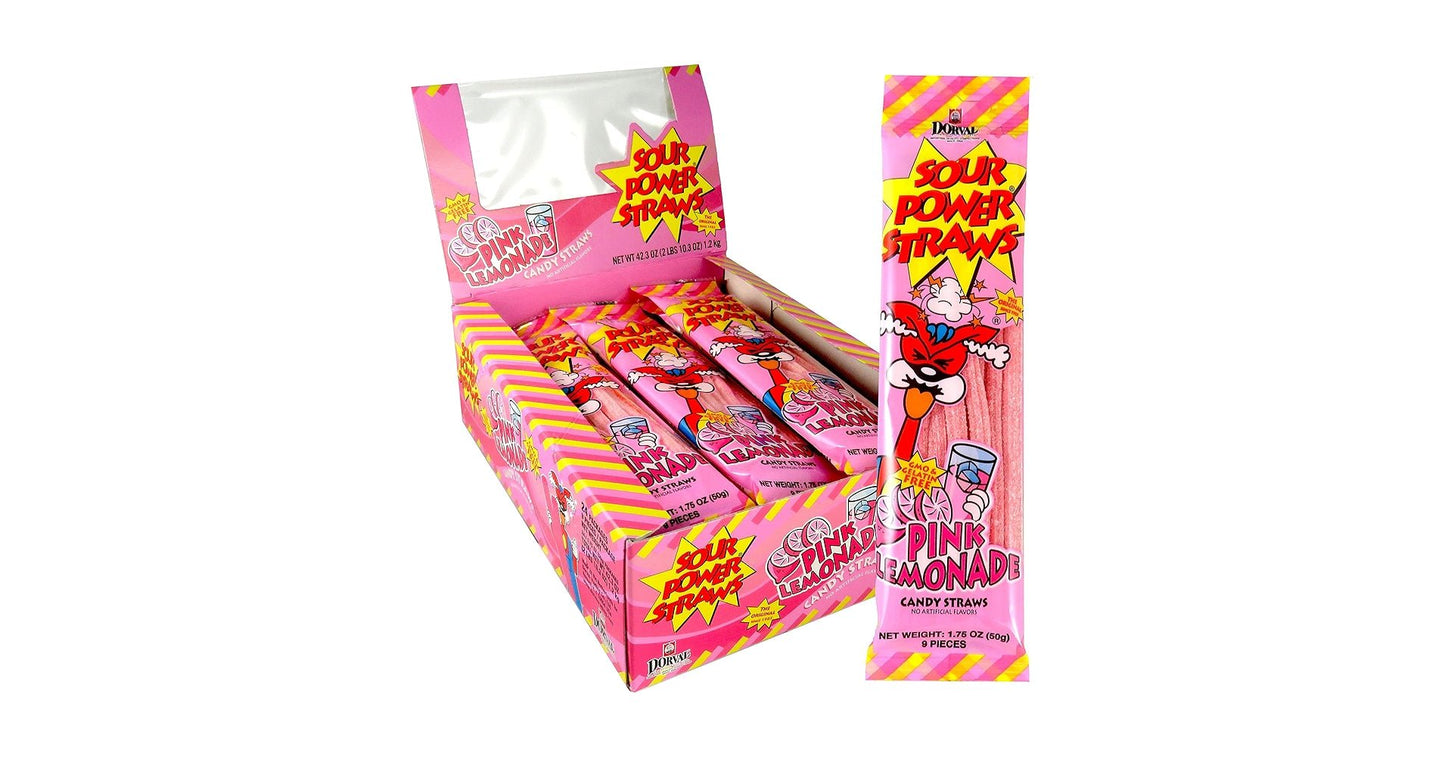 (S1 - 06) Box - Dorval Sour Power Straws - Pink Lemonade 1.75oz (50g) x 24 Units - SugarMarket.ca