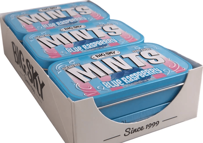 (S2 - 04) Box - Canada - Big Sky - Sugar Free Mints - Blue Raspberry Flavour 50g x 6 units - SugarMarket.ca