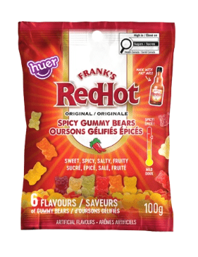 (S6 - 10) Box - Huer - Franks Red Hot Gummy Bears Peg Bag - 100g X 15 Units - SugarMarket.ca