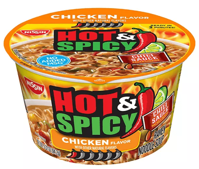 (S6 - 12) Box - Us - Noodle Bowl - NISSIN Hot & Spicy - Chicken Flavor with Soup Booster 3.32oz (94.2g) x 12 units - SugarMarket.ca