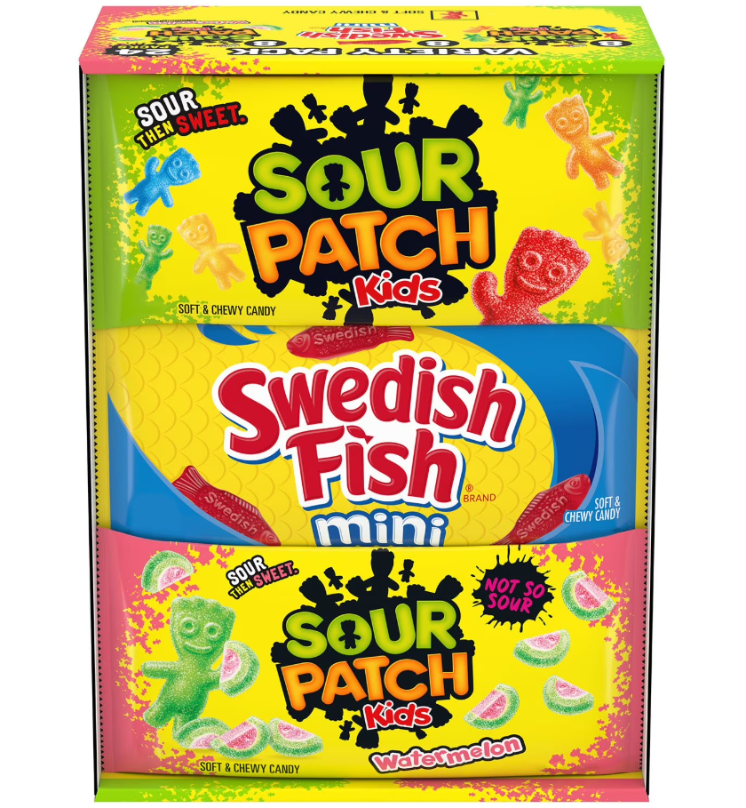 (S1-02) Box - SOUR PATCH KIDS & SWEDISH FISH Variety Pack 2oz (56g) x 24 Units ( 8 units each of Sour patch kids,swedish fish mini and sour patch kids watermelon)