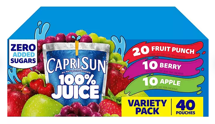 (S5-02) US - Beverage - Zero Added Sugar -Capri Sun Variety Pack 6 fl oz (177ml) x 40 units (Buyer is responsible if drinks may leak during shipping and weather) (Fruit Punch x 20 units, Berry x 10 Units and Apple x 10 Units)