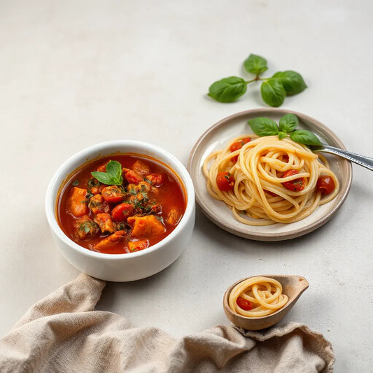 Thick ragu tomato sauce with herbs in a bowl beside twirled spaghetti on a simple plate