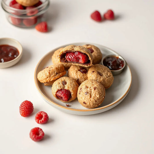 Raspberry-filled chocolate biscuits with fresh raspberries on a simple plate