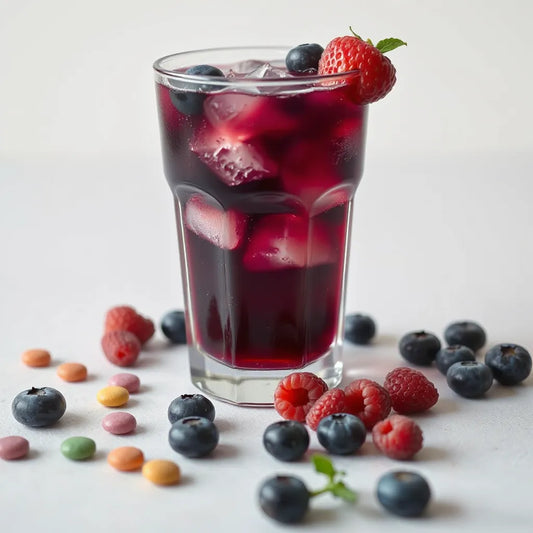 Deep purple wild berry drink in a glass with ice cubes and fresh berries on a clean background