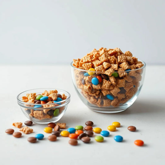 Chex mix with colorful M&M candies in a glass bowl on a light tabletop