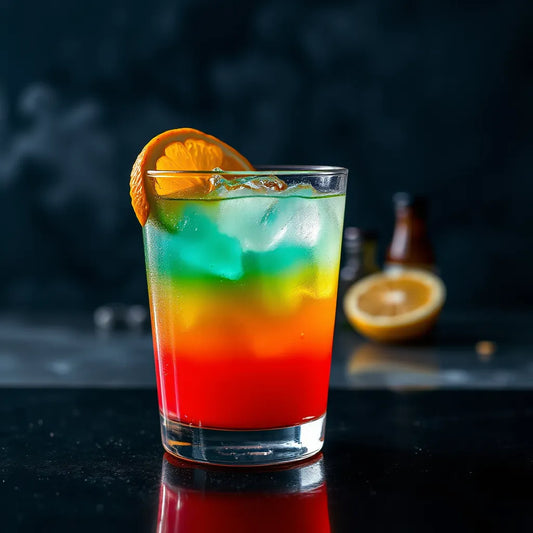 Glowing layered Dragonball-style warrior drink in a glass with citrus garnish and condensation