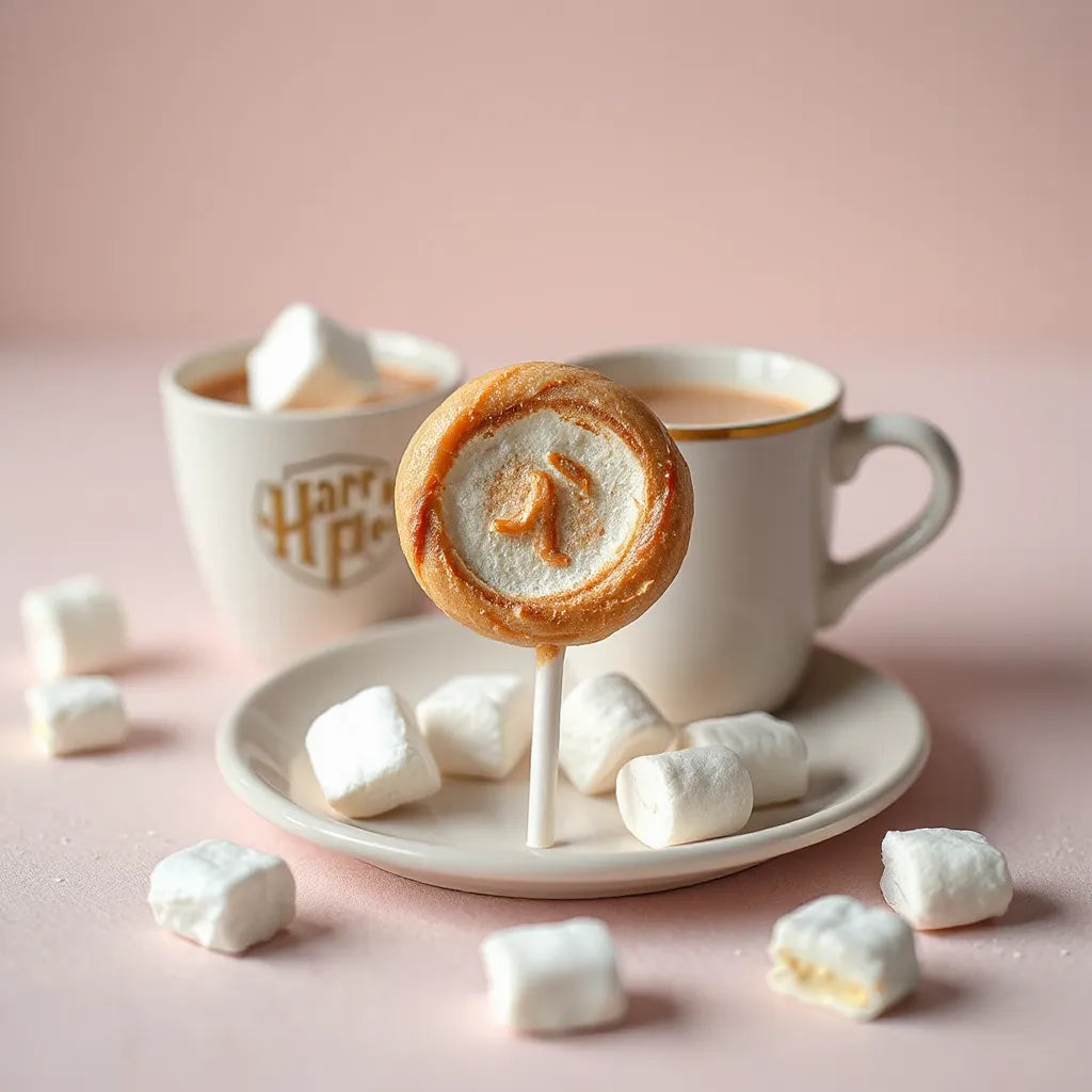 Marshmallow pop candy with warm hot cocoa on a small plate against a soft background