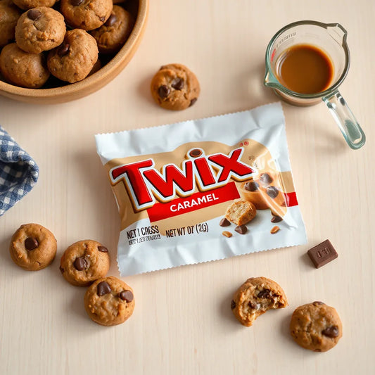 Share-size caramel cookie bites with a measuring cup on a light wood table