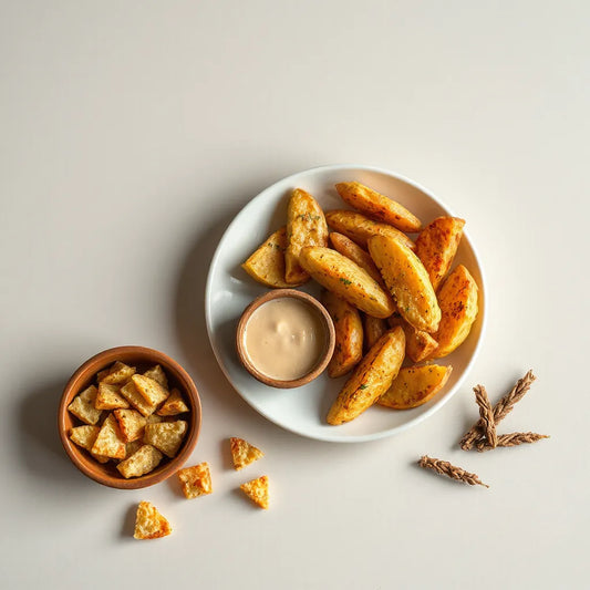 Golden potato wedges beside crunchy snack pieces with a small dipping sauce cup