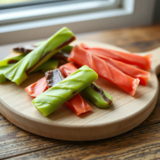 Tangled stack of sour candy strips with red and green colors on a light wooden surface