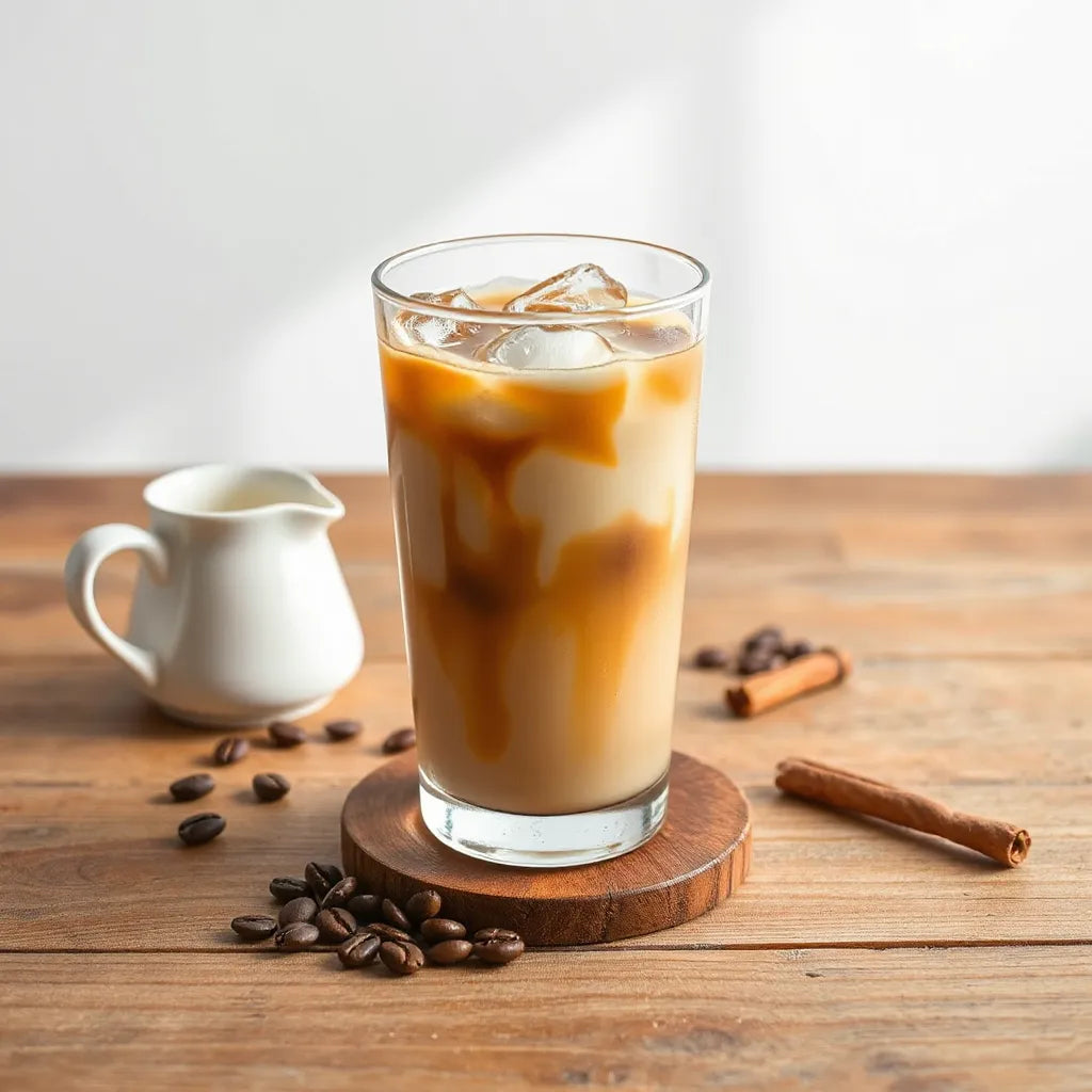 Iced coffee in a clear glass with cream swirl, ice cubes, and a small pitcher on a wooden table
