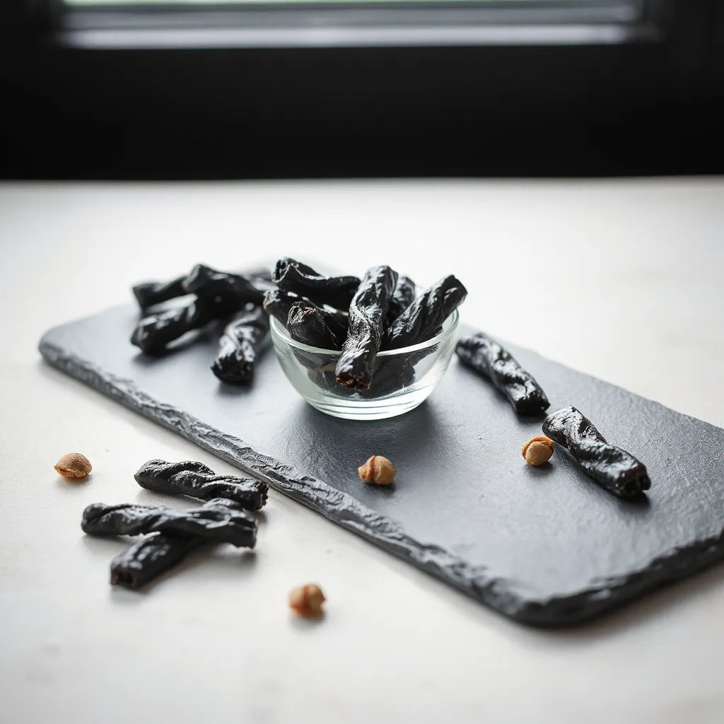 Black licorice twists on a dark slate board with soft natural light and minimal background
