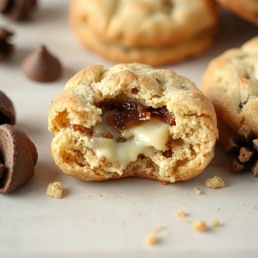Biscuit with a creamy hidden centre on a light wood background with soft natural lighting