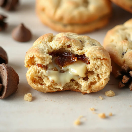 Biscuit with a creamy hidden centre on a light wood background with soft natural lighting
