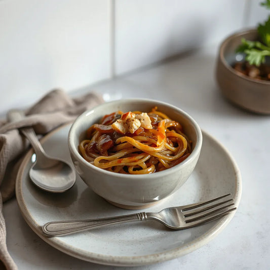 Sweetened yakisoba-style noodles in a bowl with a light drizzle and simple garnishes on a clean countertop