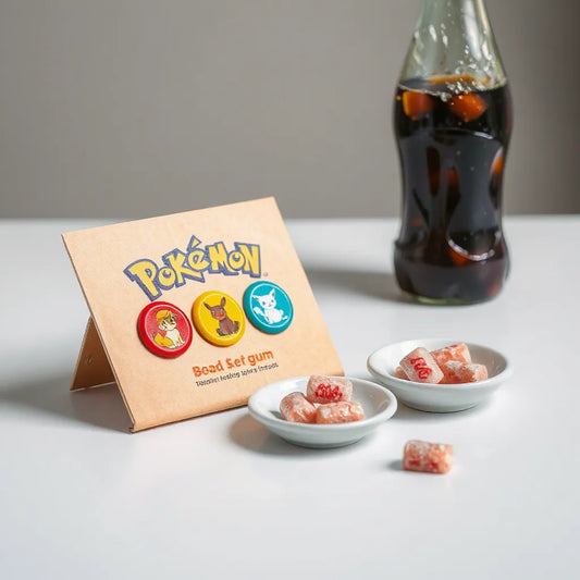 Seal book style soda gum packaging and small gum pieces on a clean tabletop with a soda bottle background