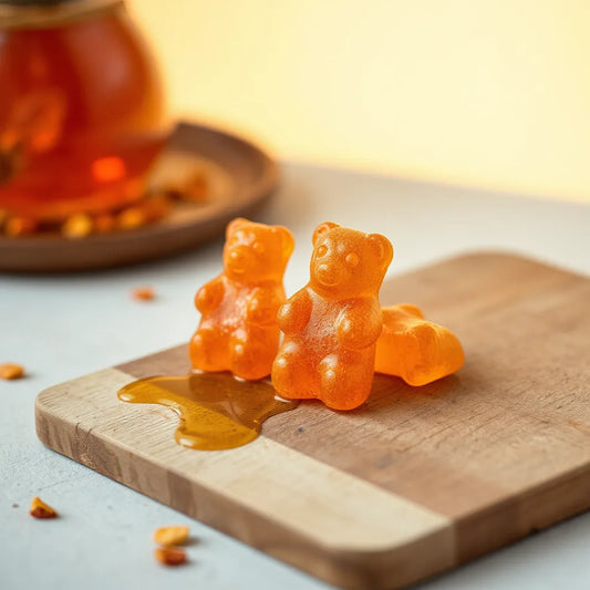 Glossy hot honey gummy bears with a golden honey drizzle and a few chili flakes on a wooden board