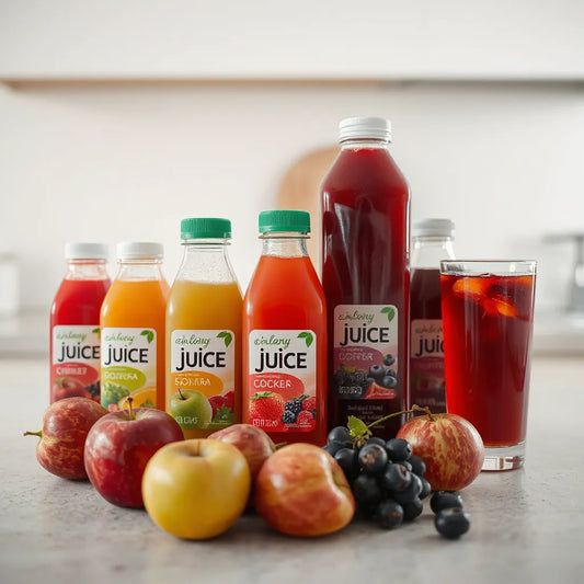 Assorted apple and berry juice bottles with fresh apples and berries on a clean countertop.