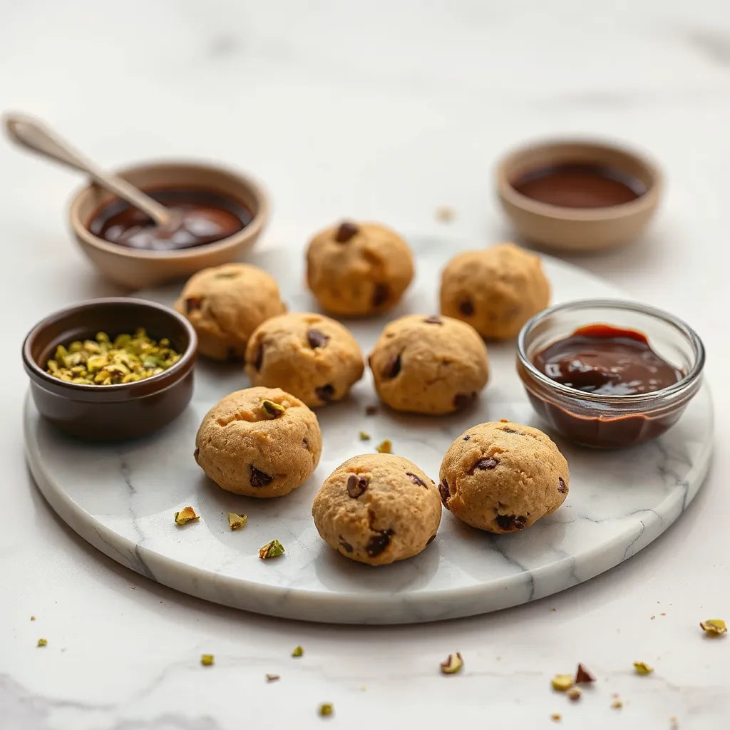Bite-sized cookie dough bites with chocolate drizzle and pistachio crumbs on a marble board