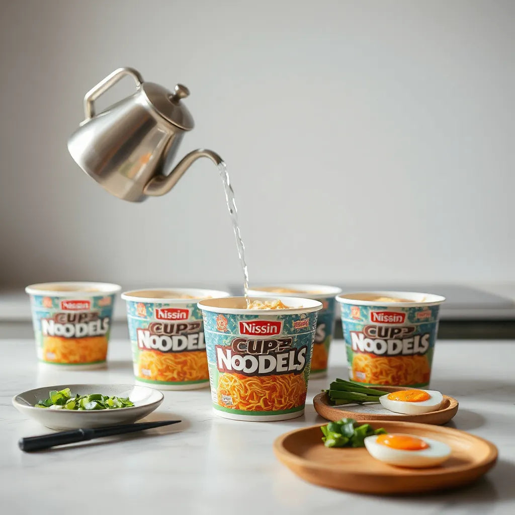 Cup noodles with steam, hot water being poured into a cup, and toppings like scallions nearby