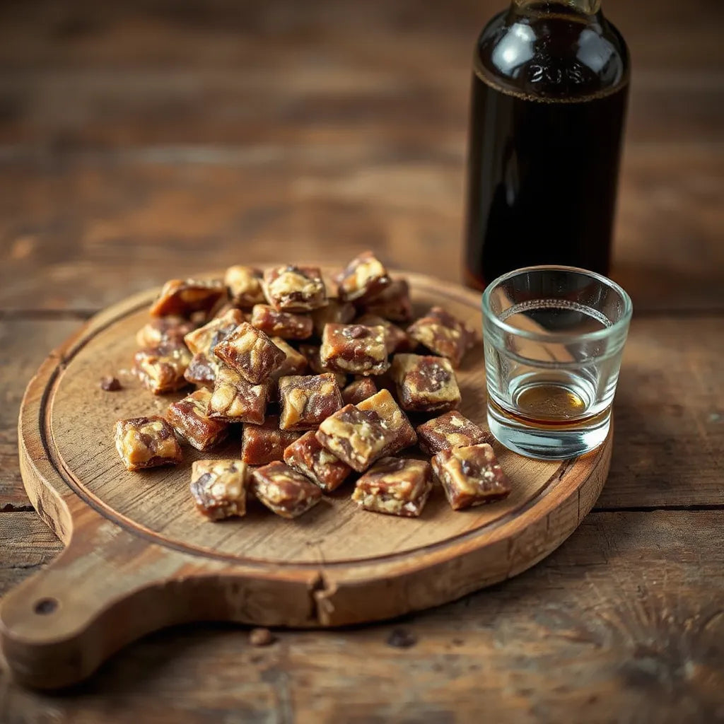 Root beer barrel candies on a wooden board with a glass of root beer and warm lighting