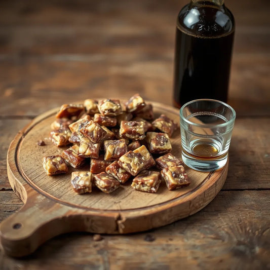 Root beer barrel candies on a wooden board with a glass of root beer and warm lighting