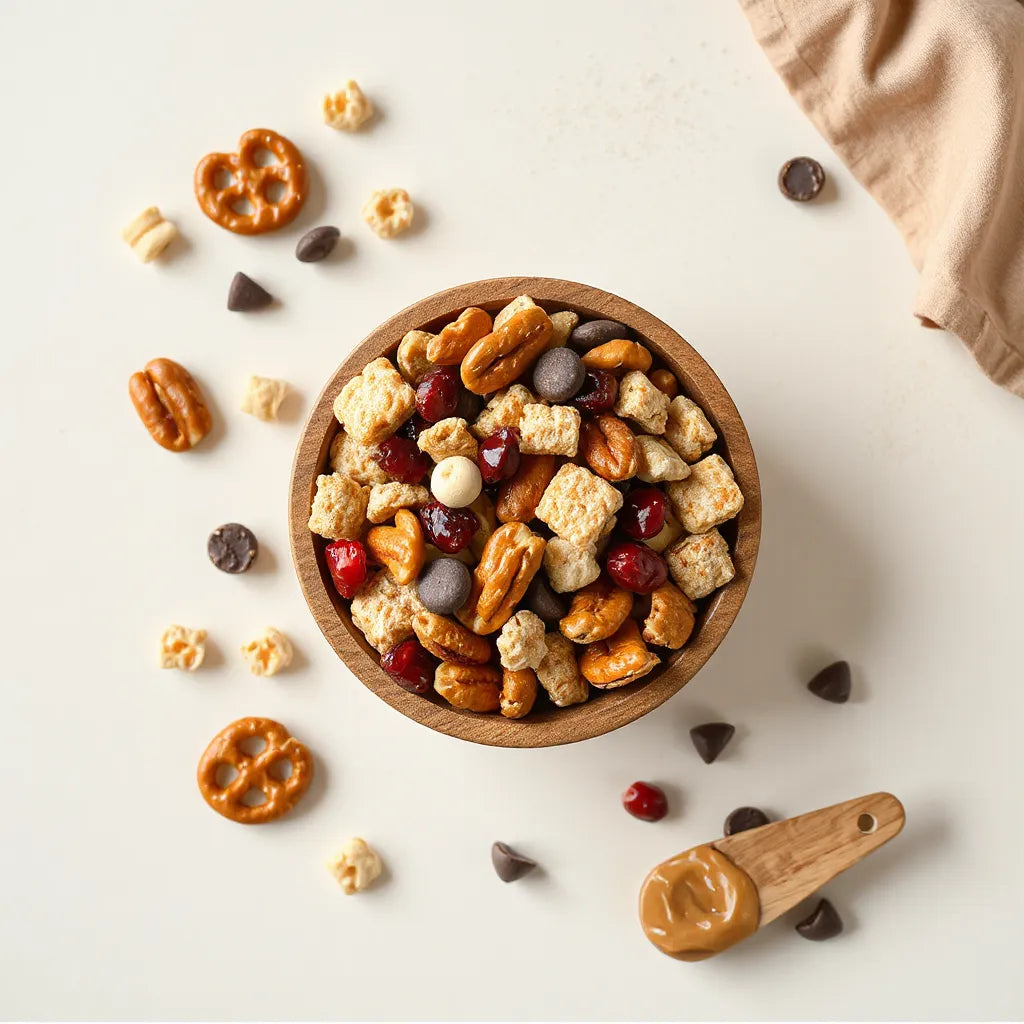Wooden bowl of peanut butter and jelly trail mix with nuts, cereal, and dried fruit pieces