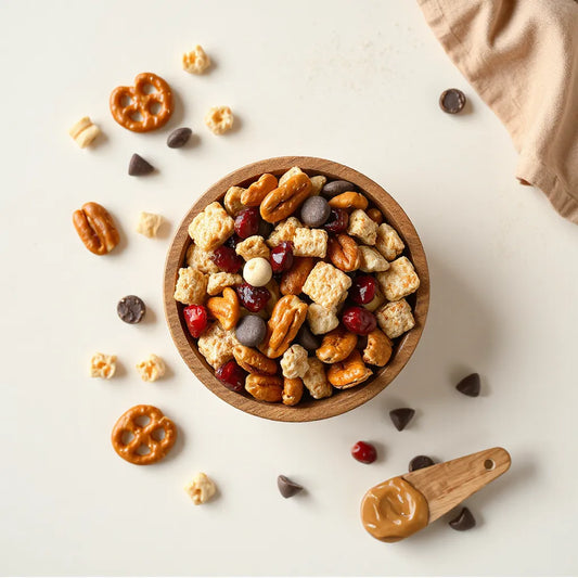 Wooden bowl of peanut butter and jelly trail mix with nuts, cereal, and dried fruit pieces