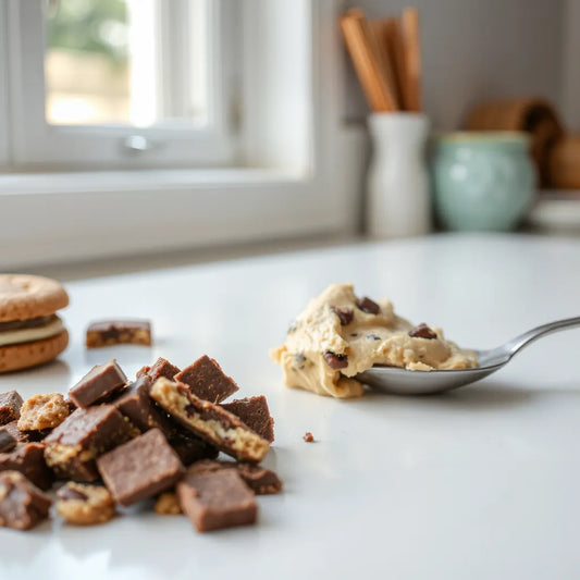 Creamy cookie dough with chocolate sandwich cookie pieces and a spoon on a light countertop