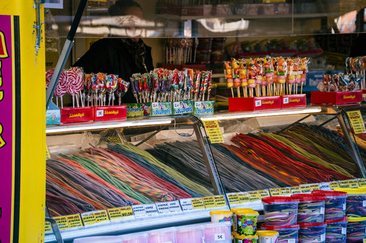 Colorful candies are for sale at a market.