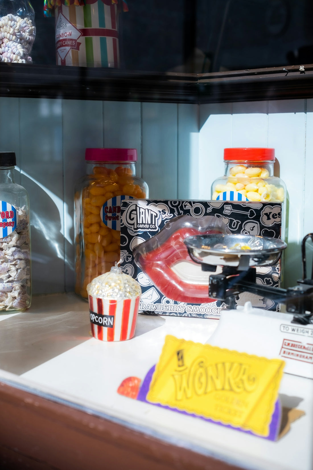 Vintage candy store display with popcorn and chocolate bar