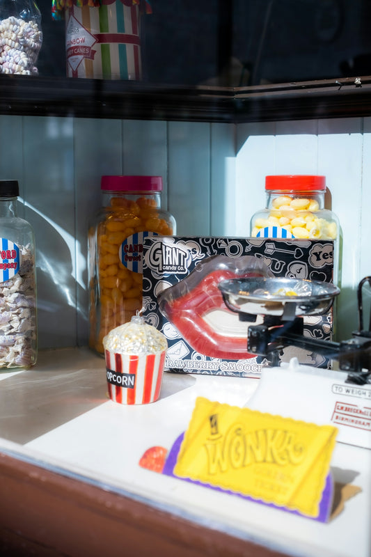 Vintage candy store display with popcorn and chocolate bar