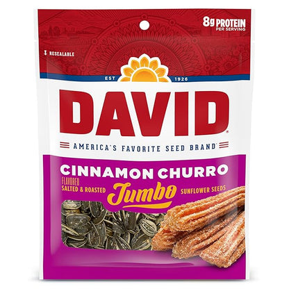 Variety Pack - 1 unit x Andy Capp's Cheesy Tots Puffcorn Snacks, 1.5 oz (42.5g) 01 unit , Vlasic Spicy Dill Pickle Balls Corn Puffs - 2oz (56g) 1 unit, David Cinnamon Churro Jumbo Sunflower Seeds 5.25 oz (149g) 1 unit
