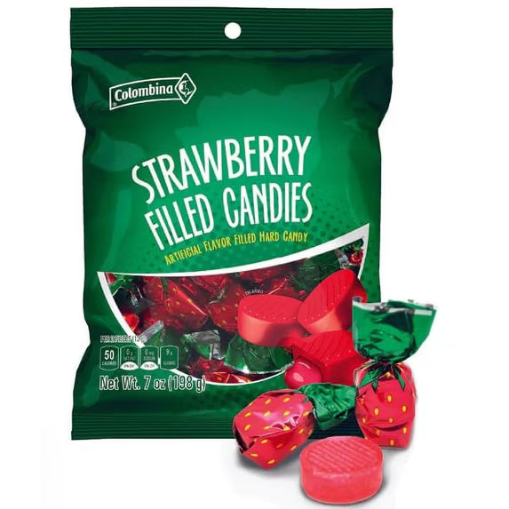 (S7-08) Colombina Strawberry Hard Candies Peg Bag - 7oz (198g) x 12 Units