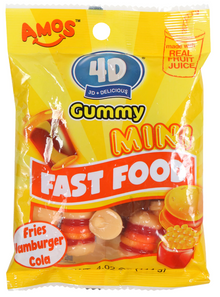 (S6-07) Amos 4D Gummy - Mini Fast Foods Gummy - Peg 4.02oz x 24 Bags