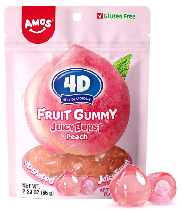 (S6-07) Amos 4D FROOTZ - Peach Gummies with Peach Rings Center - Peg 2.29oz (65g) x 12 Bags