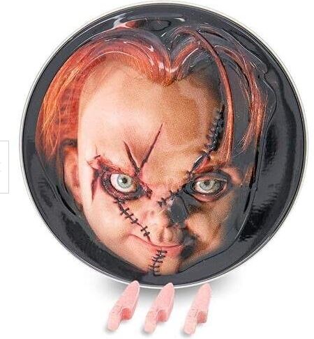 (S1-08)  Halloween - Child's Play Chucky Sour Cherry Candy Knives Tin 1.2oz x 12 Units