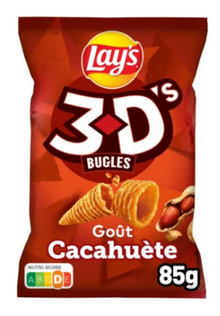 France Chips - Lays 3D Bugles - Cacahuete (Peanut) 85g x 15 units (chips bags may be deflated during shipping)