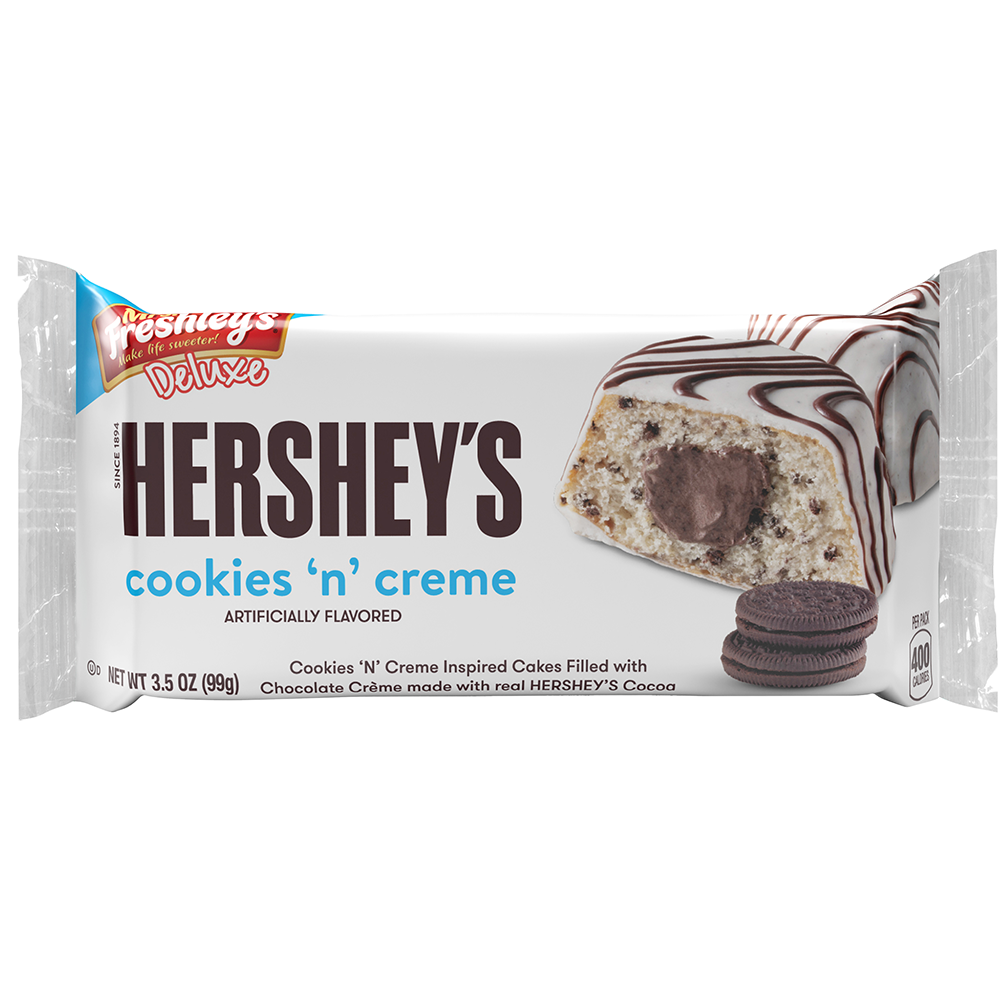 (S2-07) Us - SINGLE - Mrs Freshley - Hershey Cookies n Creme Cakes 3.5 Oz (99g) 2-PK X 8 BAGS x 1 Box